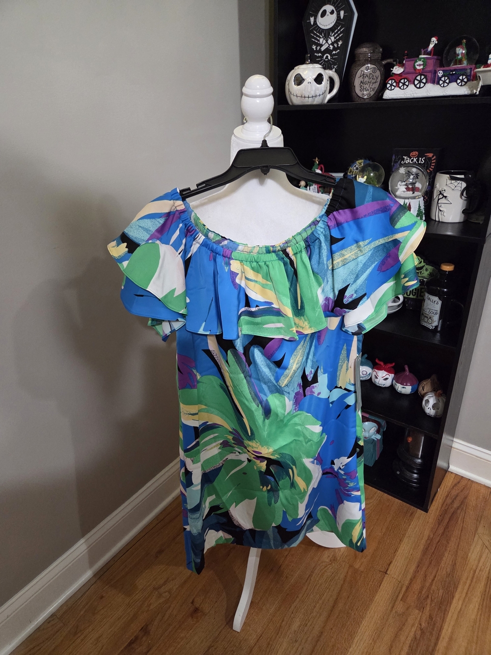London Times Blue & Green Floral Off-Shoulder Dress